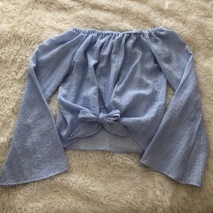 L’academie Blue Pinstripe Off Shoulder Top